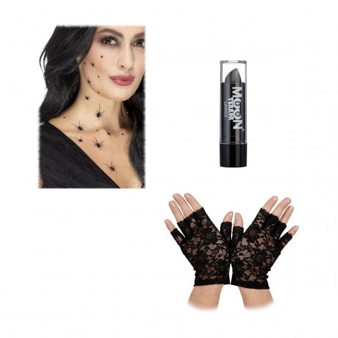 Adult Spider Transfers + Black Lipstick + Black Fingerless Gloves