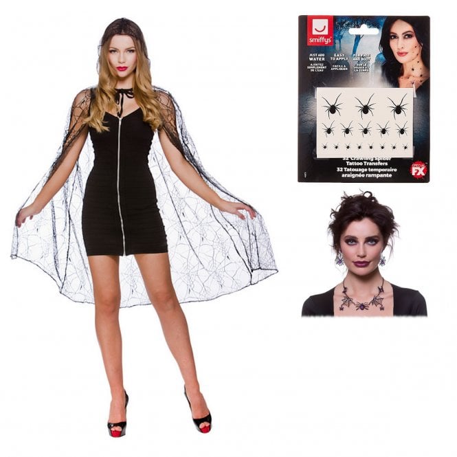 Adult Spider Web Cape with Hood + Spider Web Earrings & Necklace Set + Spider Transfers