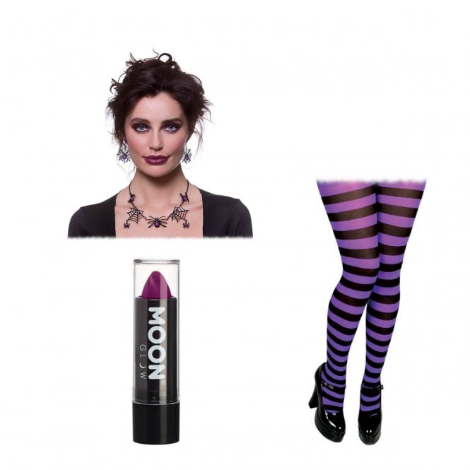 Adult Spider Web Earrings & Necklace Set + Purple & Black Candystripe Tights + Purple Lipstick 