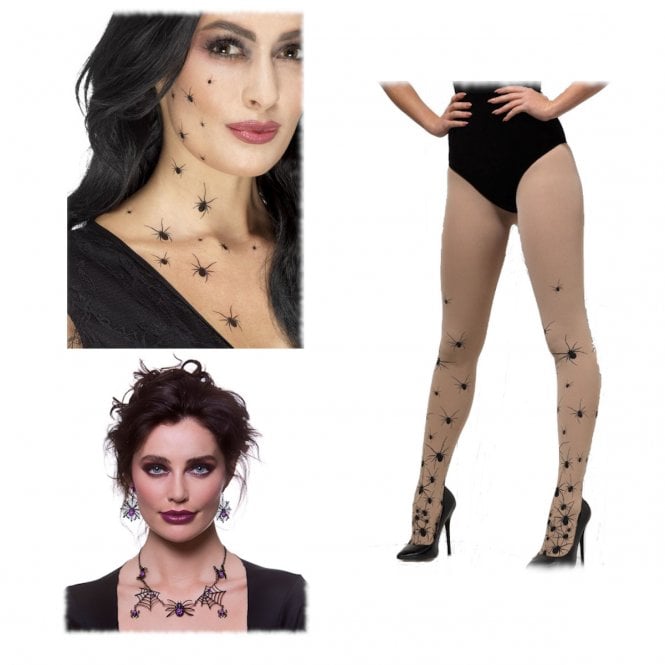 Adult Spider Web Earrings & Necklace Set + Spider Transfers + Spider Tights