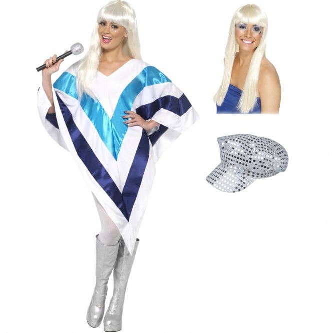 Adult Super Trooper Poncho + Dancing Queen Wig + 70's Sequin Disco Cap