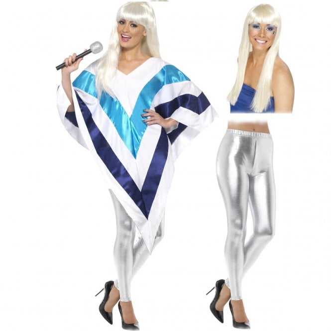 Adult Super Trooper Poncho + Dancing Queen Wig + Silver Leggings