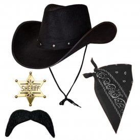 Adult Texan Cowboy Black Hat + Black Bandana + Gold Sheriff Badge + Black Tash