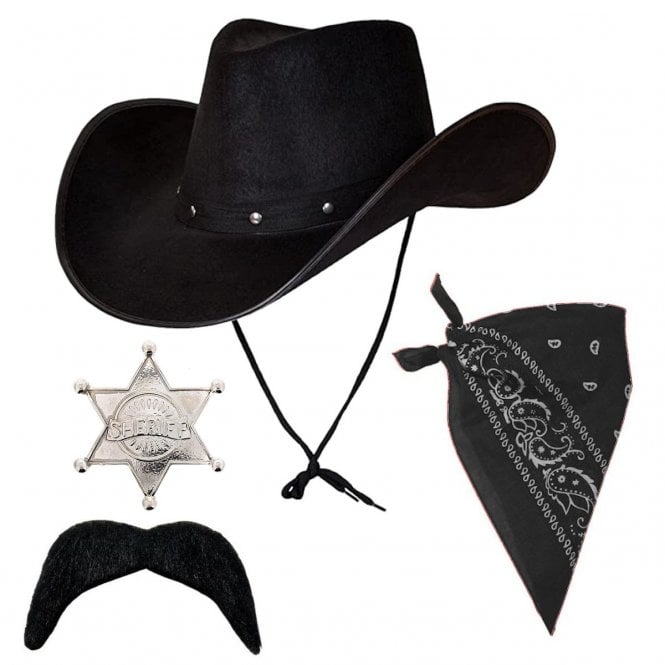 Adult Texan Cowboy Black Hat + Black Bandana + Silver Sheriff Badge + Black Tash