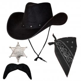 Adult Texan Cowboy Black Hat + Black Bandana + Silver Sheriff Badge + Black Tash