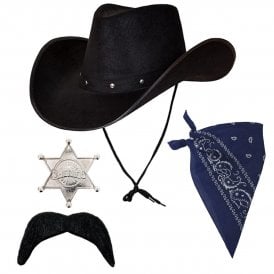 Adult Texan Cowboy Black Hat + BLUE Bandana + Silver Sheriff Badge + Black Tash 