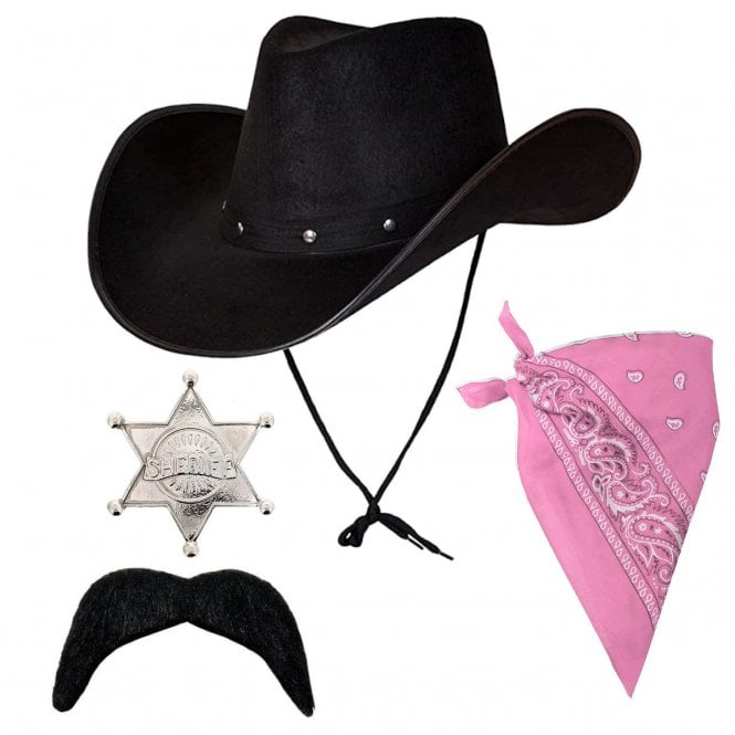 Adult Texan Cowboy Black Hat + Pink Bandana + Silver Sheriff Badge + Black Tash
