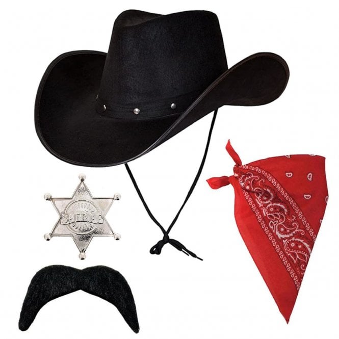 Adult Texan Cowboy Black Hat + Red Bandana + Silver Sheriff Badge + Black Tash