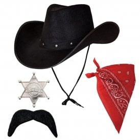 Adult Texan Cowboy Black Hat + Red Bandana + Silver Sheriff Badge + Black Tash
