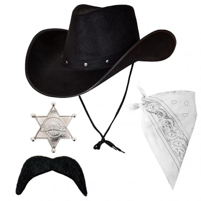 Adult Texan Cowboy Black Hat + White Bandana + Silver Sheriff Badge + Black Tash