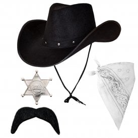 Adult Texan Cowboy Black Hat + White Bandana + Silver Sheriff Badge + Black Tash