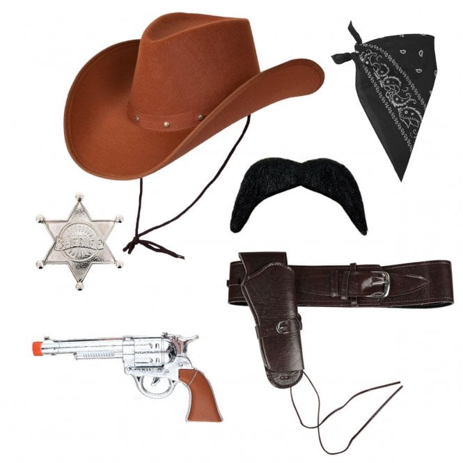 Adult Texan Cowboy Brown Hat + Black Bandana + Silver Sheriff Badge + Black Tash + Deluxe Holster + Plastic Hand Gun