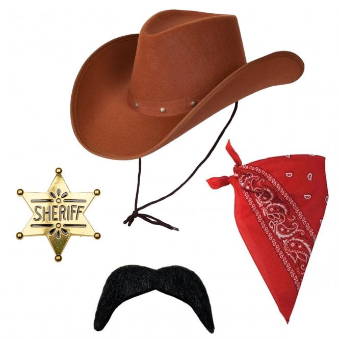 Adult Texan Cowboy Brown Hat + Red Bandana + Silver Sheriff Badge + Black Tash