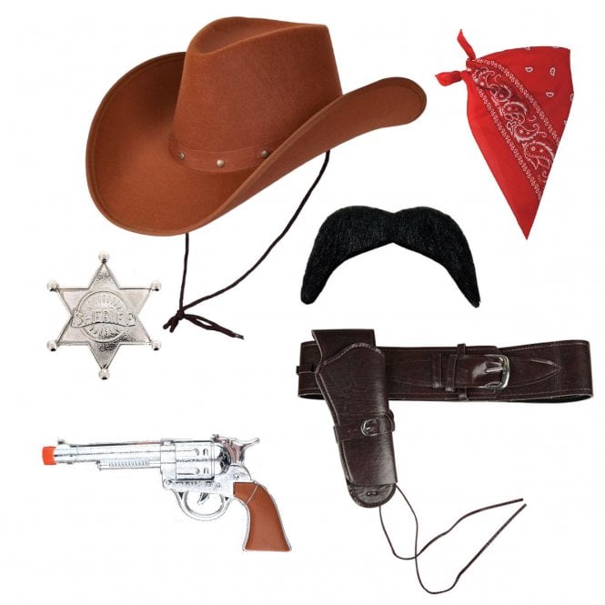 Adult Texan Cowboy Brown Hat + Red Bandana + Silver Sheriff Badge + Black Tash + Deluxe Holster + Plastic Hand Gun