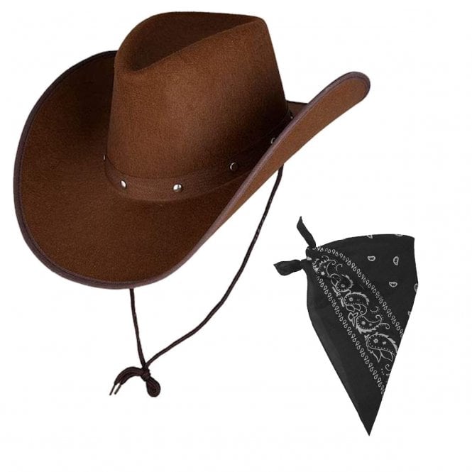 DARK BROWN Texan Cowboy Hat + BLACK Bandana