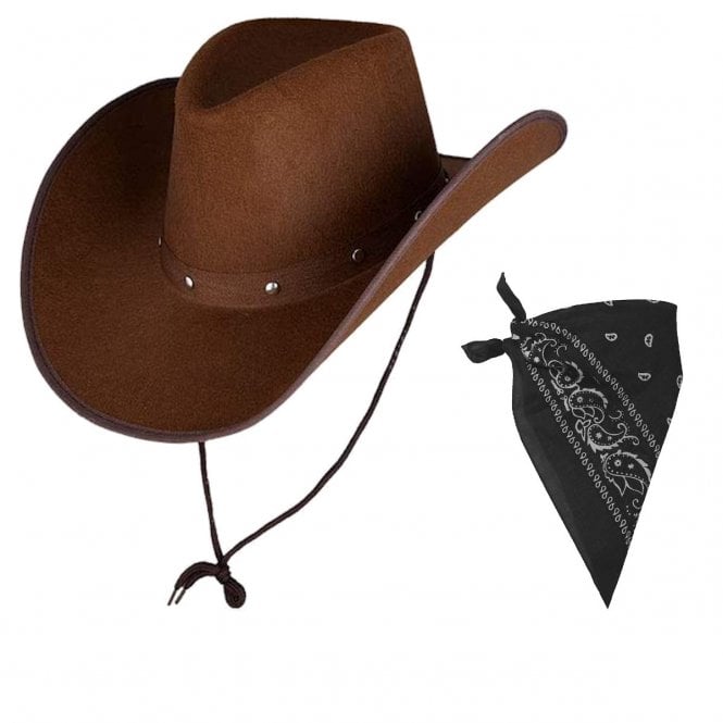 Adult Texan Cowboy Dark Brown Hat + Black Paisley Print Bandana