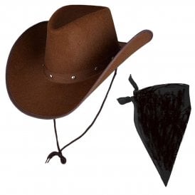 Adult Texan Cowboy Dark Brown Hat + Black Plain Bandana