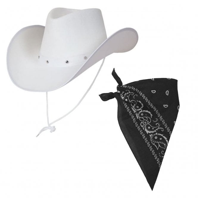 WHITE Texan Cowboy Hat + BLACK Bandana