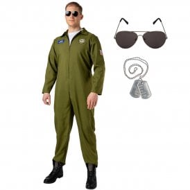Adult Top Shot Pilot Jumpsuit + Aviator Glasses + Dog Tags