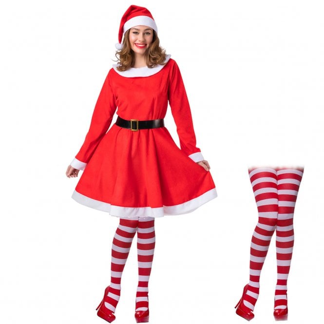 Adult Velour Mrs Santa Claus + Tights (Dress, Belt, Hat, RED & WHITE Striped Tights)