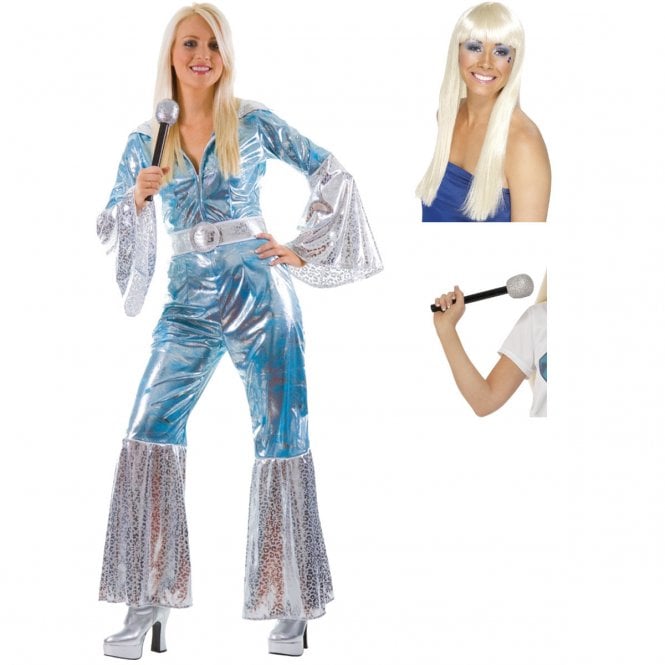 Adult Waterloo Costume Set (Jumpsuit, Belt, Dancing Queen Wig, Microphone) 