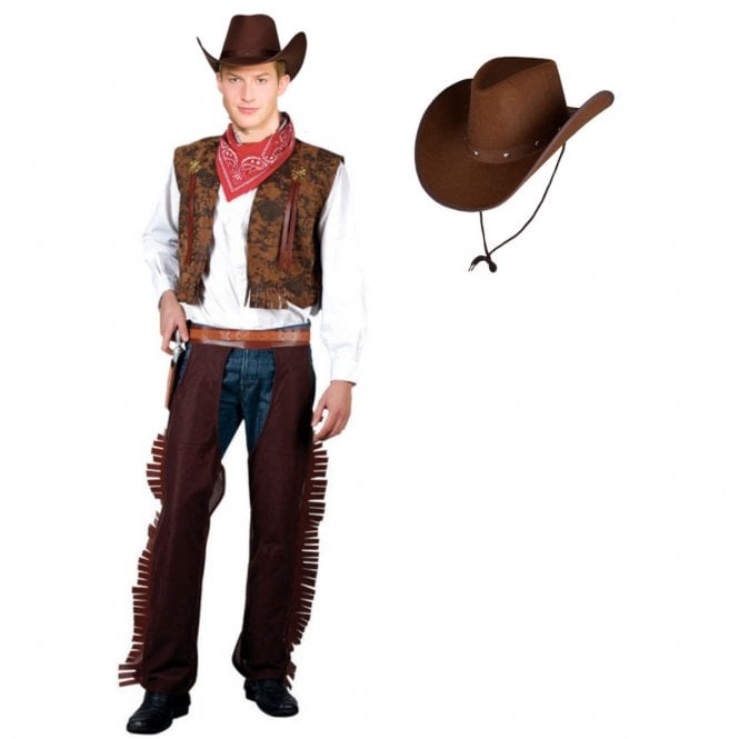 Adult Western Cowboy Costume + DARK BROWN Texan Cowboy Hat 