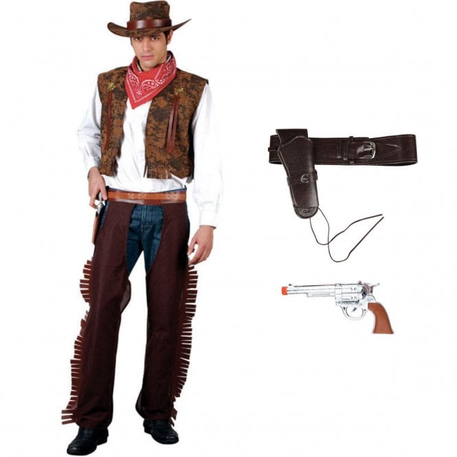 Adult Western Cowboy Costume + Deluxe Holster + Plastic Hand Gun 
