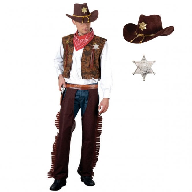 Adult Western Cowboy + Deluxe SHERIFF Hat + SILVER Sheriff Badge