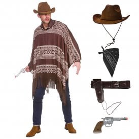 Adult Western Cowboy Poncho + Deluxe Suede Hat + Holster + Black Bandana + Plastic Gun