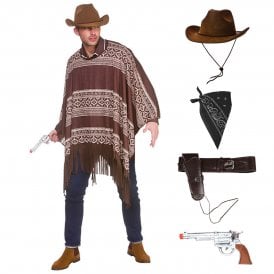Adult Western Cowboy Poncho + Deluxe Suede Hat + Holster + Black Bandana + Plastic Gun