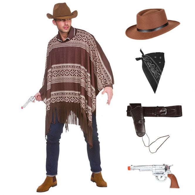 Adult Western Cowboy Poncho + Gunslinger Hat + Black Bandana + Brown Holster + Plastic Gun 