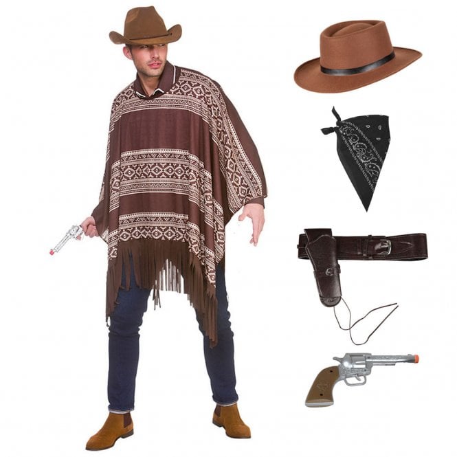 Adult Western Cowboy Poncho + Gunslinger Hat + Black Bandana + Deluxe Holster + Plastic Gun