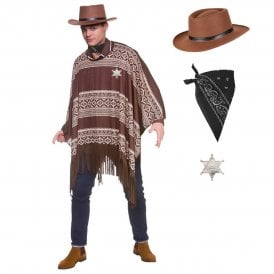 Adult Western Cowboy Poncho + Gunslinger Hat + BLACK Bandana + SILVER Sheriff Badge