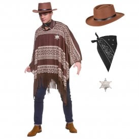 Adult Western Cowboy Poncho + Gunslinger Hat + BLACK Paisley Bandana + SILVER Sheriff Badge
