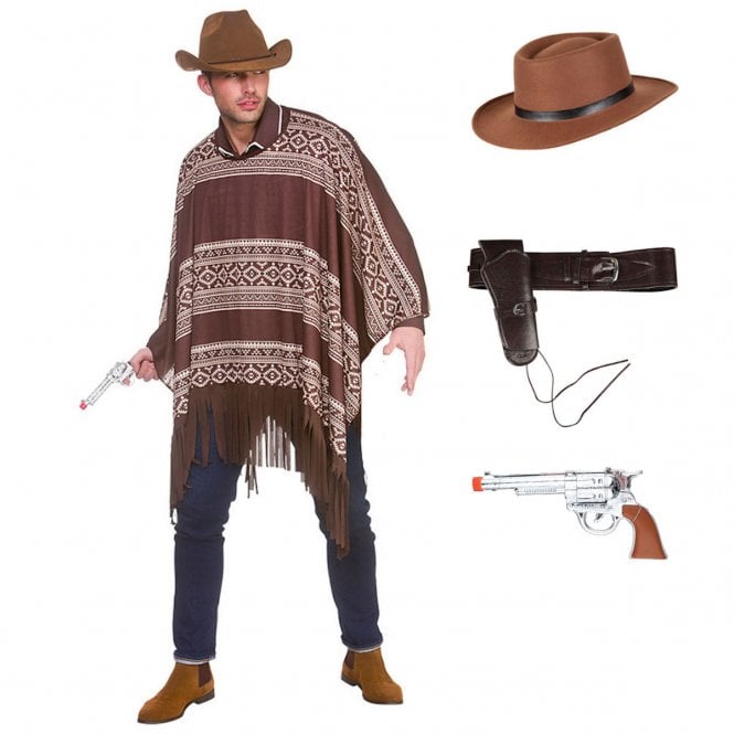  Adult Western Cowboy Poncho + Gunslinger Hat + Holster + Plastic Gun