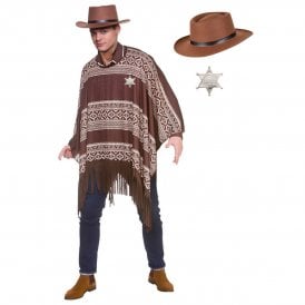 Adult Western Cowboy Poncho + Gunslinger Hat + SILVER Sheriff Badge