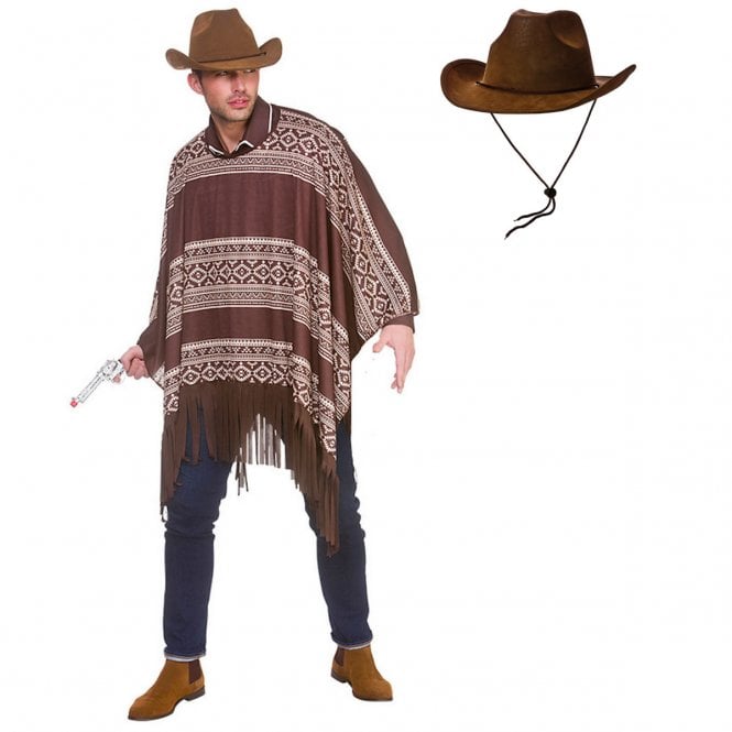 Adult Western Cowboy Poncho + Super Deluxe Brown Suede Cowboy Hat
