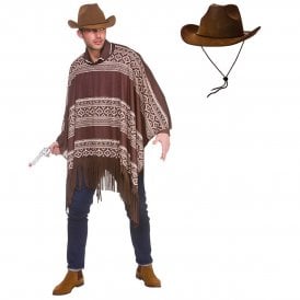 Adult Western Cowboy Poncho + Super Deluxe Brown Suede Cowboy Hat