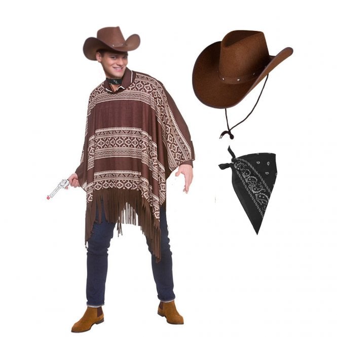 Adult Western Cowboy Poncho + Texan Cowboy DARK BROWN Hat + BLACK Bandana