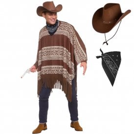 Adult Western Cowboy Poncho + Texan Cowboy DARK BROWN Hat + BLACK Bandana