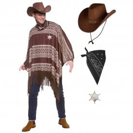 Adult Western Cowboy Poncho + Texan Cowboy DARK BROWN Hat + BLACK Bandana + SILVER Sheriff Badge