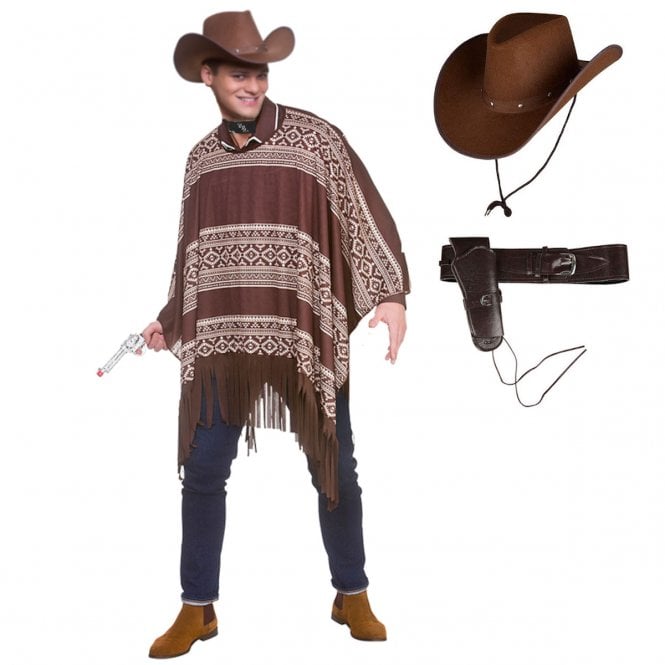 Adult Western Cowboy Poncho + Texan Cowboy DARK BROWN Hat + Deluxe Holster