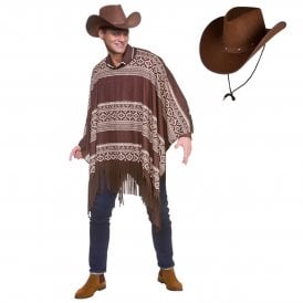 Adult Western Cowboy Poncho + Texan Cowboy DARK BROWN Hat