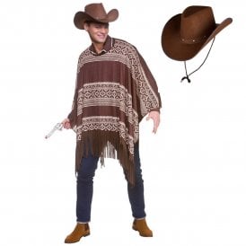 Adult Western Cowboy Poncho + Texan Cowboy DARK BROWN Hat