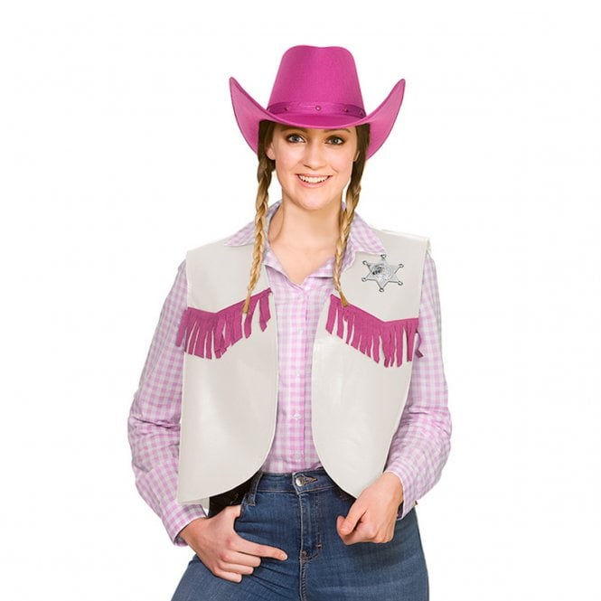 Adult White Cowgirl/Cowboy Waistcoat + Hot Pink Texan Hat 