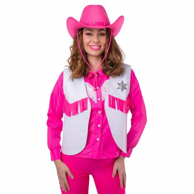 Adult White Cowgirl/Cowboy Waistcoat + Hot Pink Texan Hat 