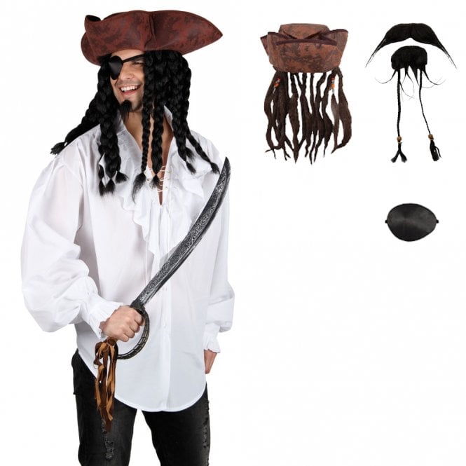 Adult White Pirate Shirt + Pirate Hat + Beard & Tash + Eyepatch (4-Piece)