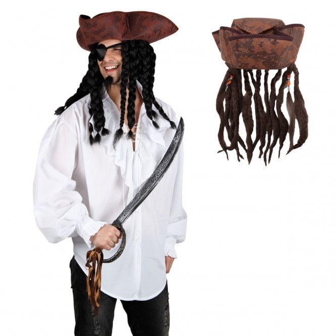 Adult White Pirate Shirt + Pirate Hat with Hair & Braids