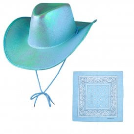 AQUA Iridescent Texan Cowgirl Hat + BABY BLUE Paisley Print Bandana
