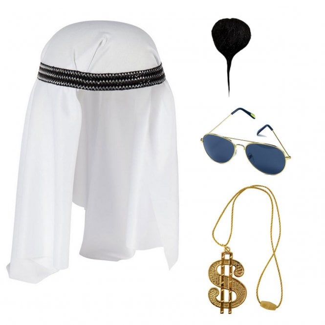 Arab Headpiece + Goatee Beard + Aviator Sunglasses + Dollar Sign Medallion Bling Necklace